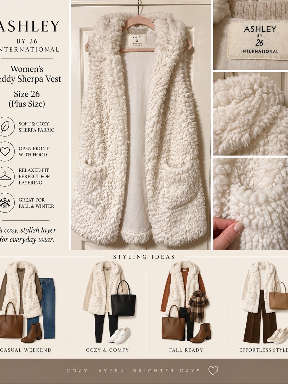 Ashley By 26 International Cream Sherpa Teddy Vest
